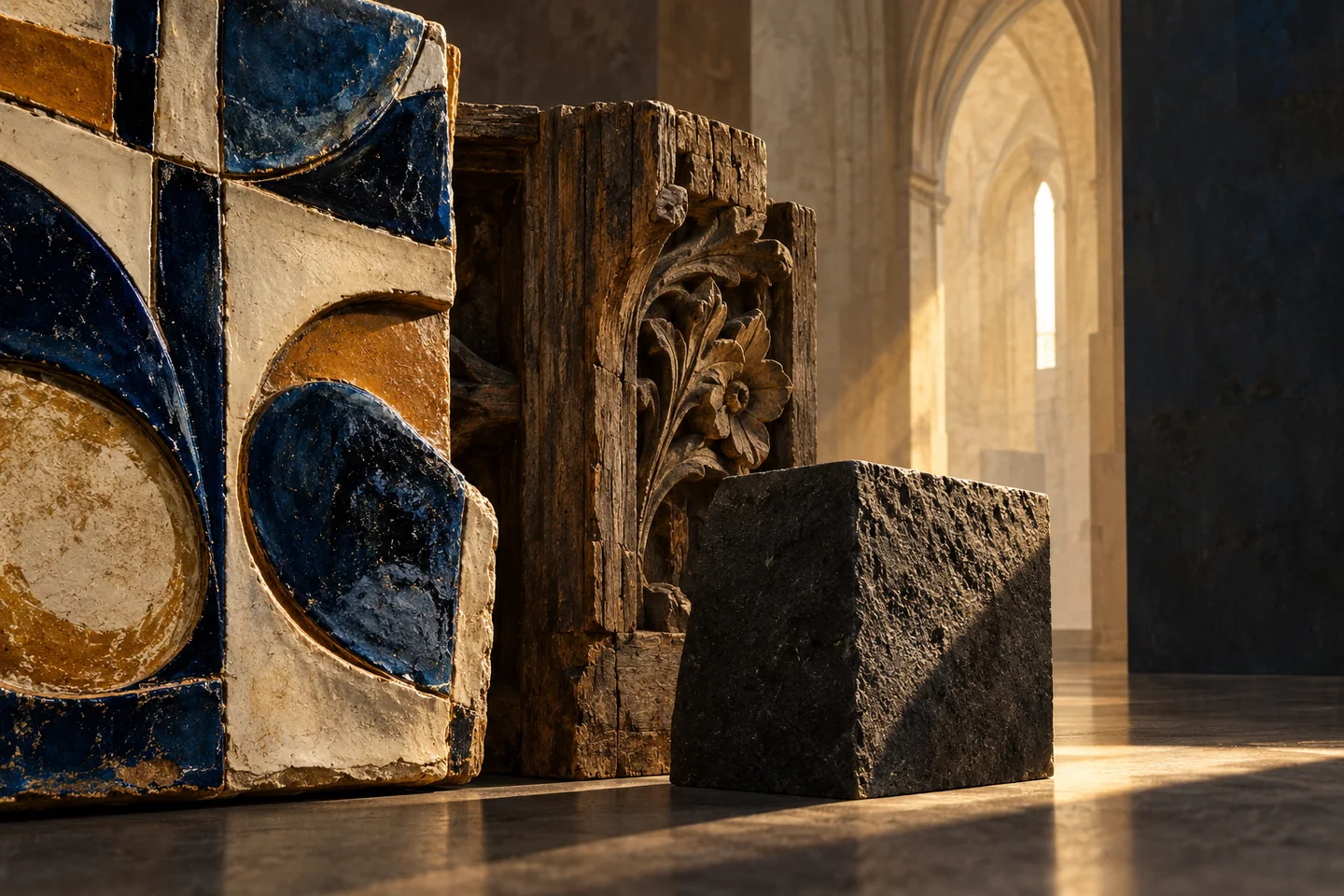 Textured editorial illustration of abstract ceramic tiles, carved wood and stone in an imagined church setting; not a depiction of a named San Fedele artwork.