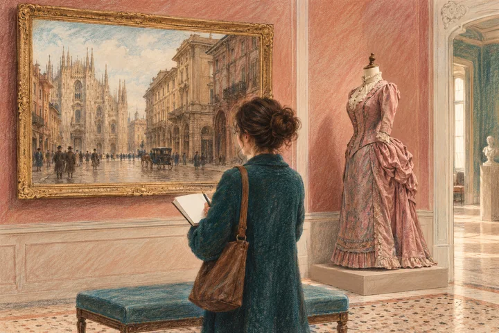 Pencil-and-gouache illustration of a visitor comparing a city painting and a dress mannequin in an imagined museum room; not an actual Palazzo Morando display.