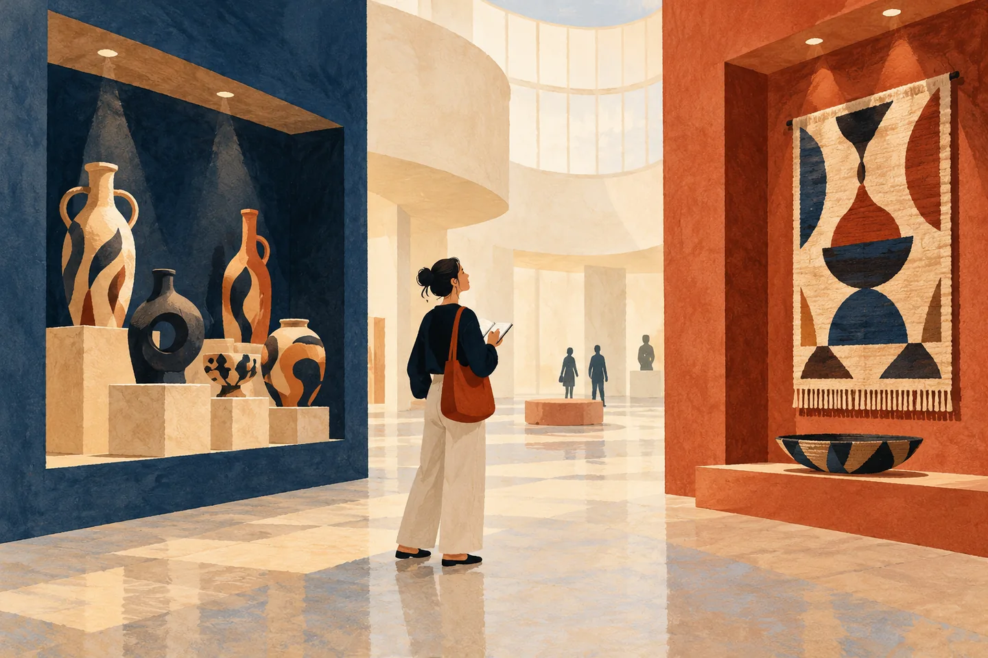 Editorial illustration of a visitor considering invented ceramic and textile displays in an imagined museum gallery.