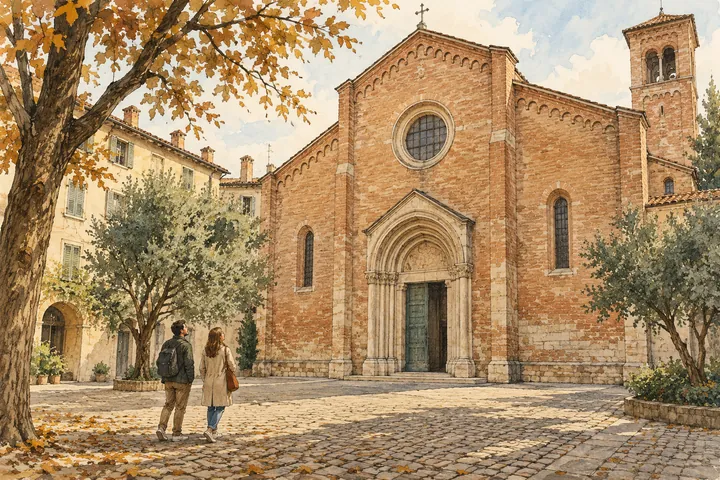 Watercolor editorial impression of a brick church frontage and two walkers in a quiet Milanese piazza.