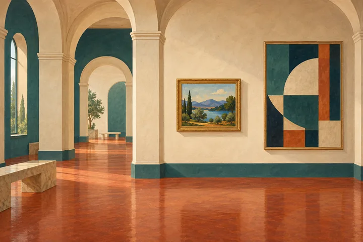 Editorial illustration of an imagined museum gallery with invented landscape and abstract paintings beneath cream arches.