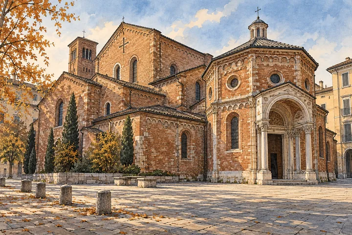 Editorial watercolor of an imagined Milanese brick church and later entrance volume in a quiet autumn square, not a reconstruction.