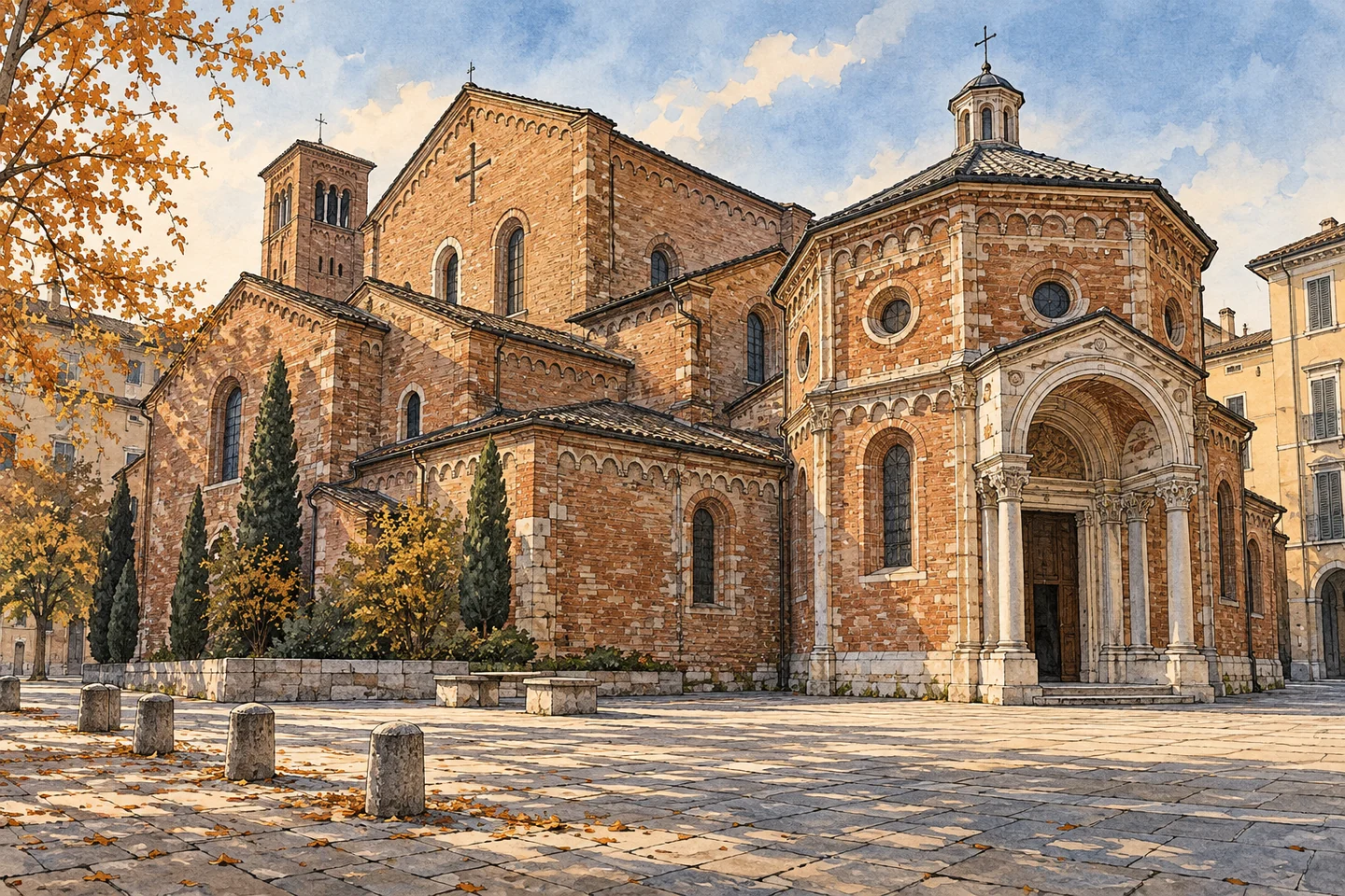 Editorial watercolor of an imagined Milanese brick church and later entrance volume in a quiet autumn square, not a reconstruction.
