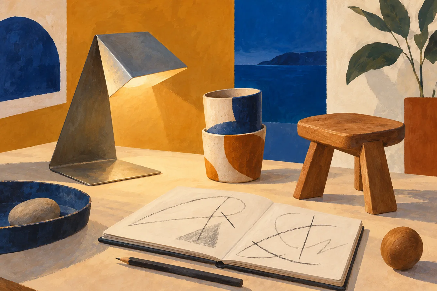 Editorial gouache illustration of an invented metal lamp, ceramic cups and wooden stool model on a design-study table.