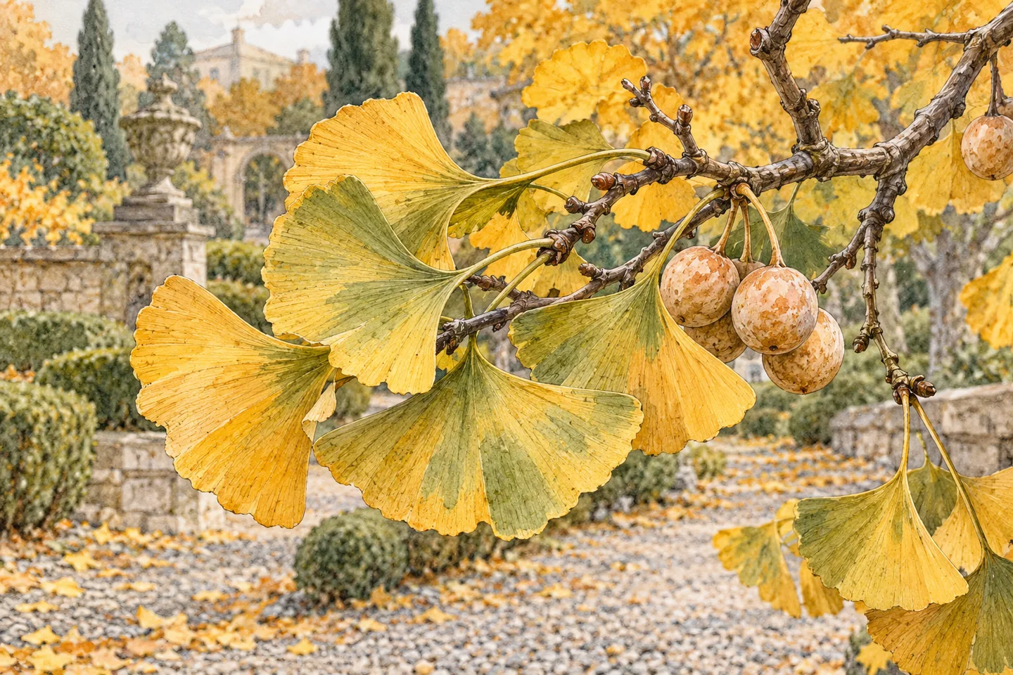 Editorial watercolor of golden fan-shaped leaves and seeds on a branch beside an imagined garden path.