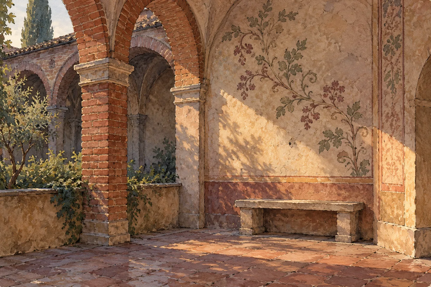 Editorial watercolor of an imagined brick arcade, painted vine decoration and stone bench inspired by monastic architecture.