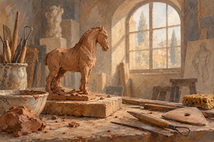 Editorial gouache of an invented terracotta horse and sculpting tools in an imagined studio with an arched window.