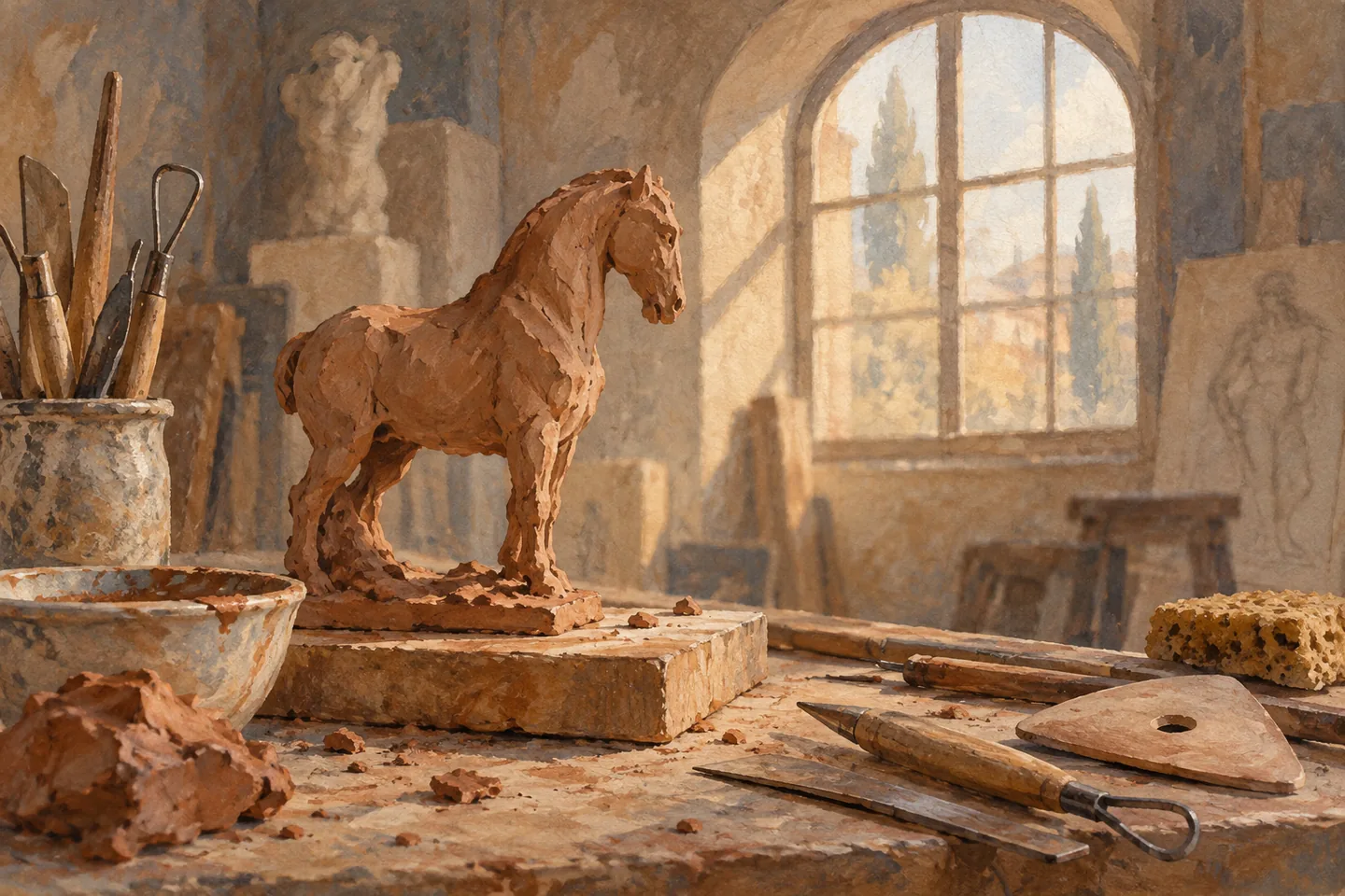 Editorial gouache of an invented terracotta horse and sculpting tools in an imagined studio with an arched window.