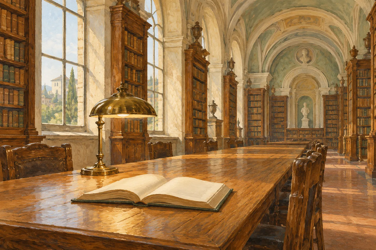 Editorial gouache of an imagined historic library with an open book, brass lamp, long wooden table and tall shelves.