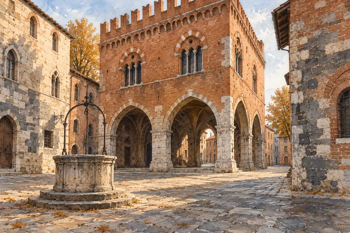 Editorial watercolor of an imagined brick civic hall on stone arches and a well in a compact Italian square.