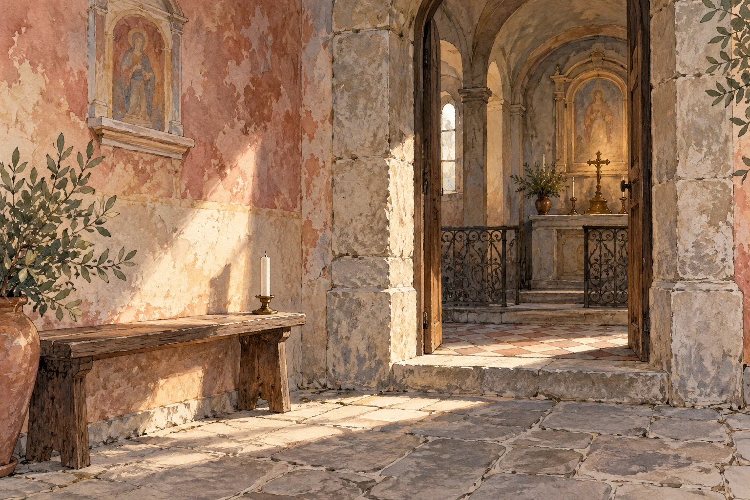 Editorial watercolour of an imagined quiet chapel threshold, wooden bench and unlit candle in soft daylight.