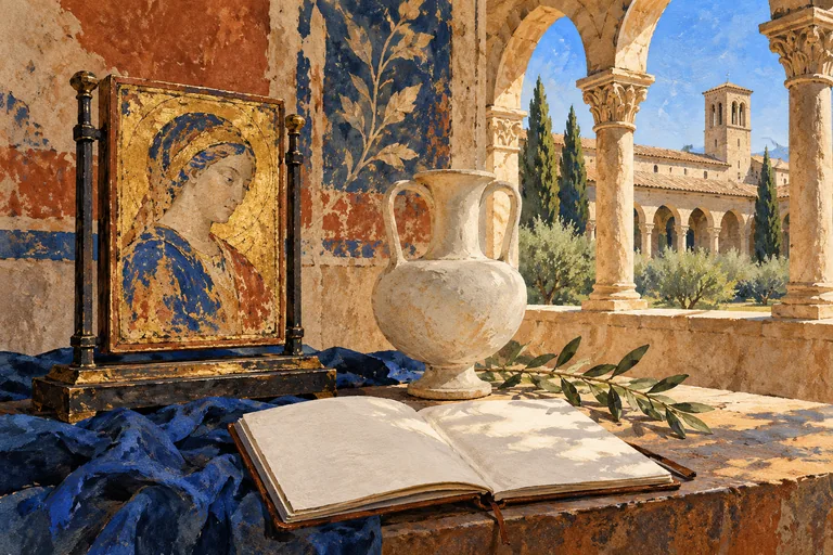 Editorial gouache of an imagined cloister still life with a gilded panel, pale ceramic vessel and blank open notebook.