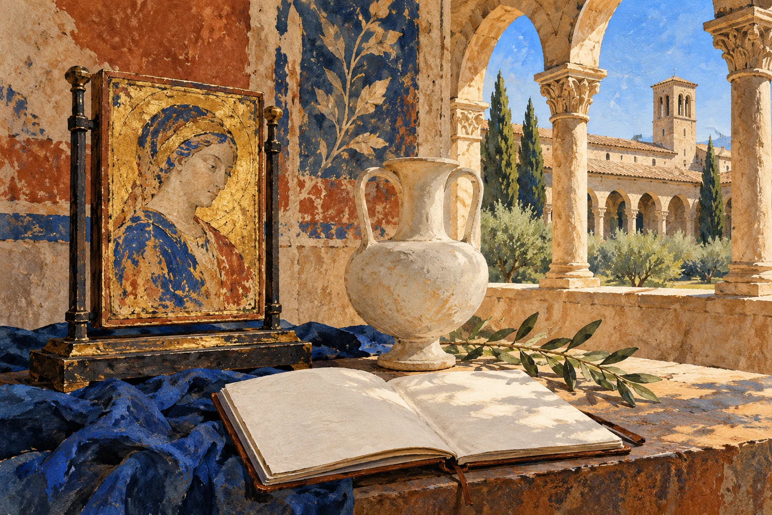 Editorial gouache of an imagined cloister still life with a gilded panel, pale ceramic vessel and blank open notebook.