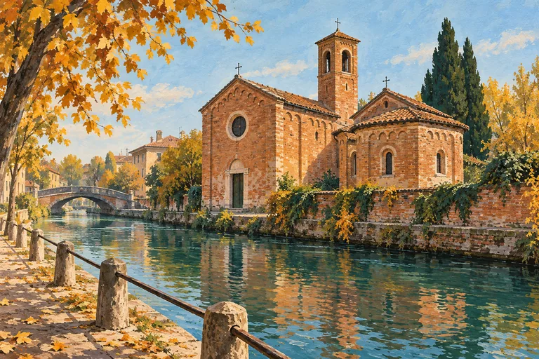 Editorial gouache of imagined adjoining brick churches beside an autumn canal, with a bell tower and golden leaves.