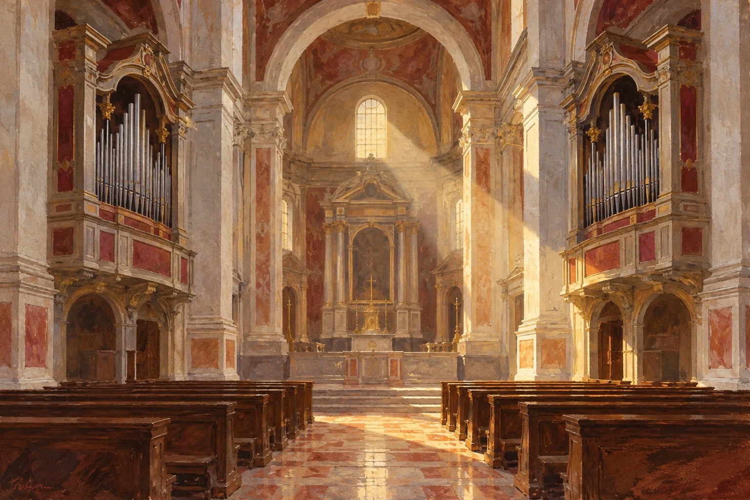 Editorial gouache of an imagined Italian church interior with opposing organ cases, wooden pews and warm afternoon light.