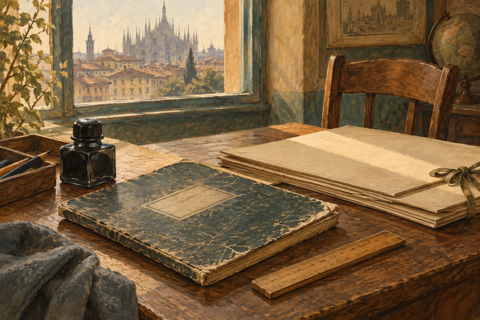 Editorial gouache of a school exercise book, tied archival folders, ink bottle and empty chair in an imagined study.