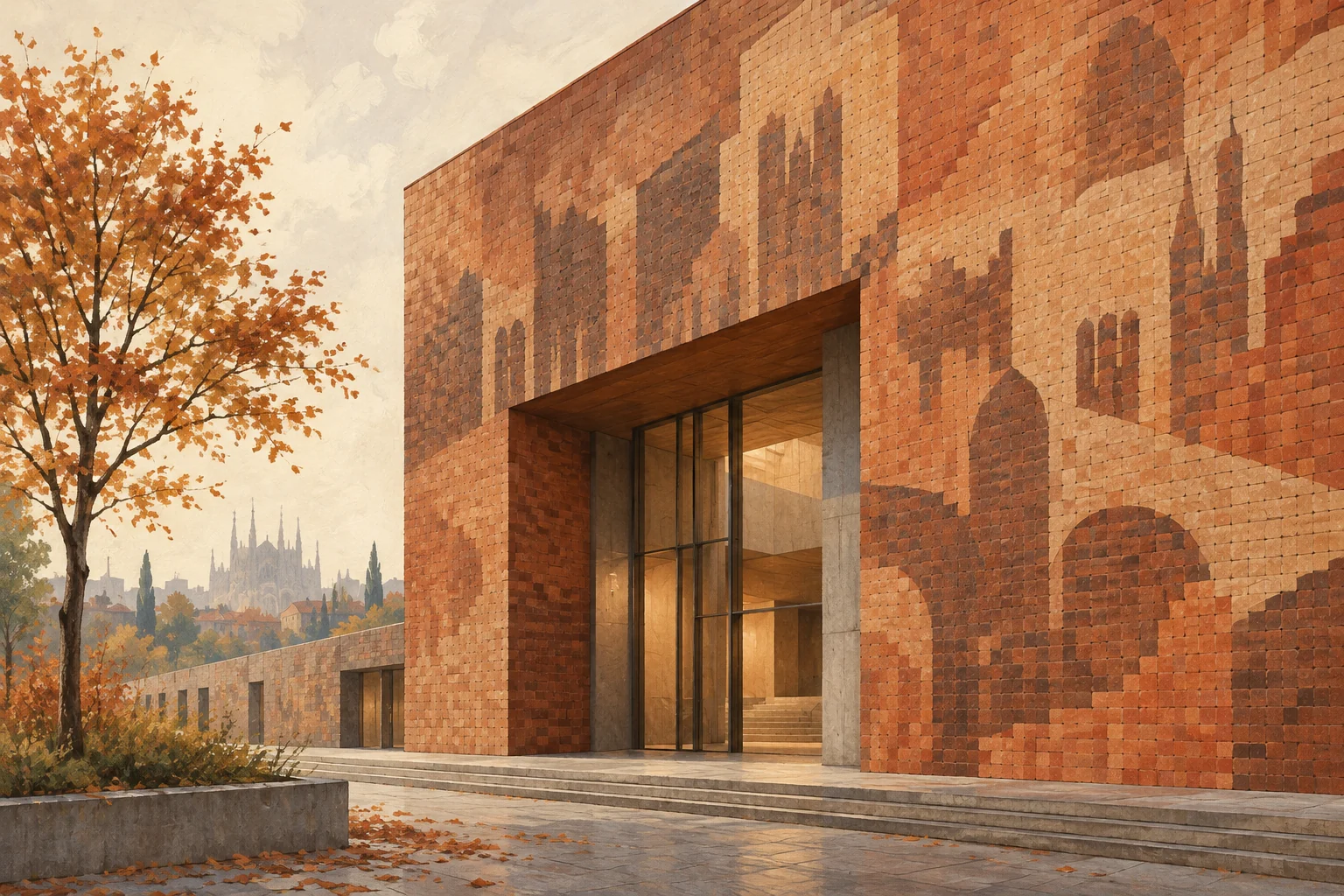 Editorial gouache of an imagined terracotta civic building with abstract archival shadows on its wall and an open glazed entrance.