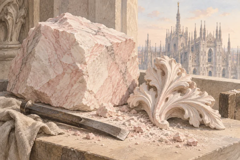 Pink-veined marble, a carved leaf ornament and a chisel with Milan cathedral in the background; interpretive editorial illustration.