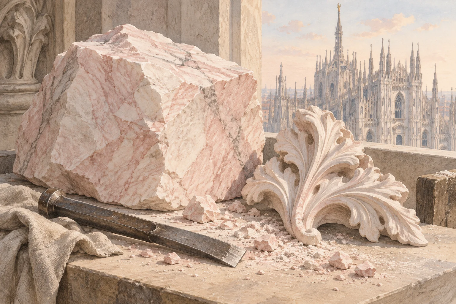Pink-veined marble, a carved leaf ornament and a chisel with Milan cathedral in the background; interpretive editorial illustration.
