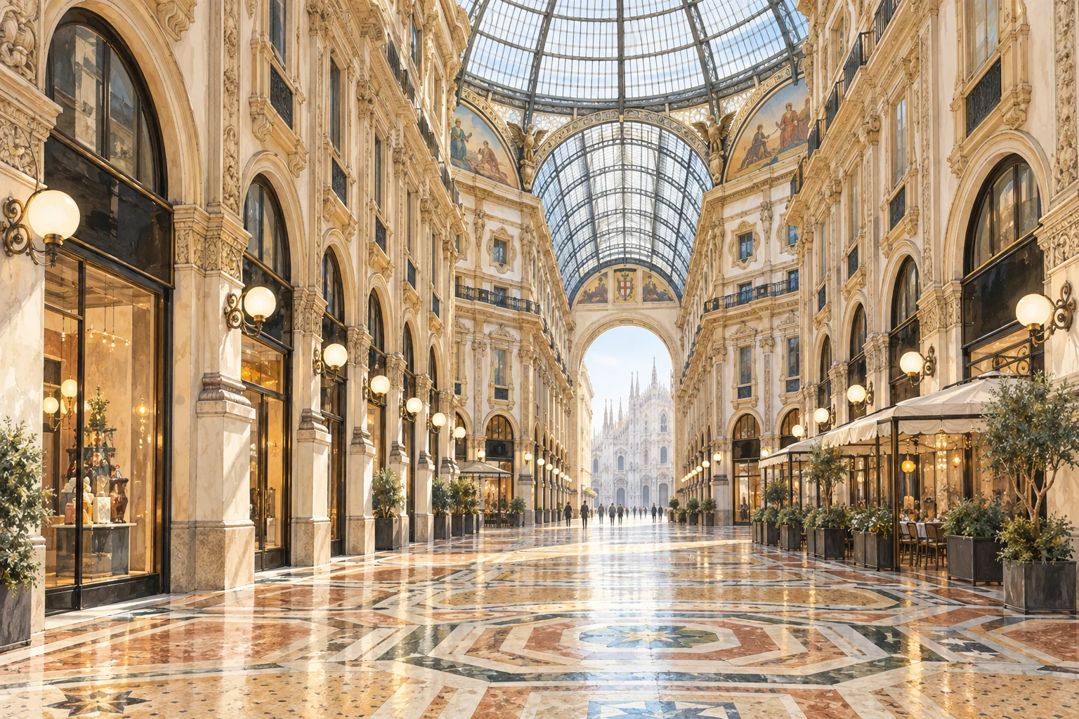 A glass-roofed Milan arcade with pale stone façades, patterned paving and distant pedestrians; interpretive editorial illustration.